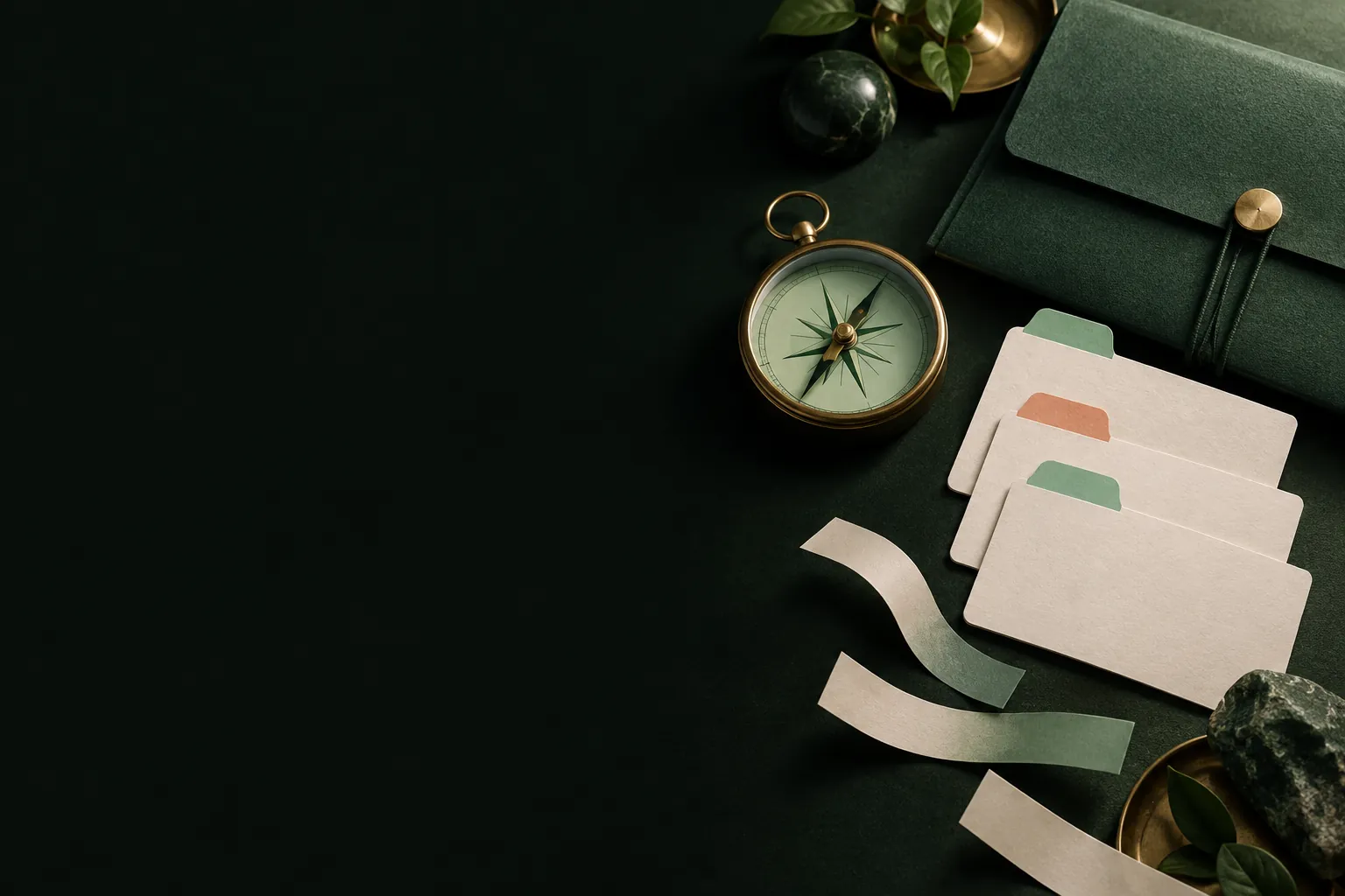 Blank browser-tab index cards beside a separate mint-and-brass attention compass